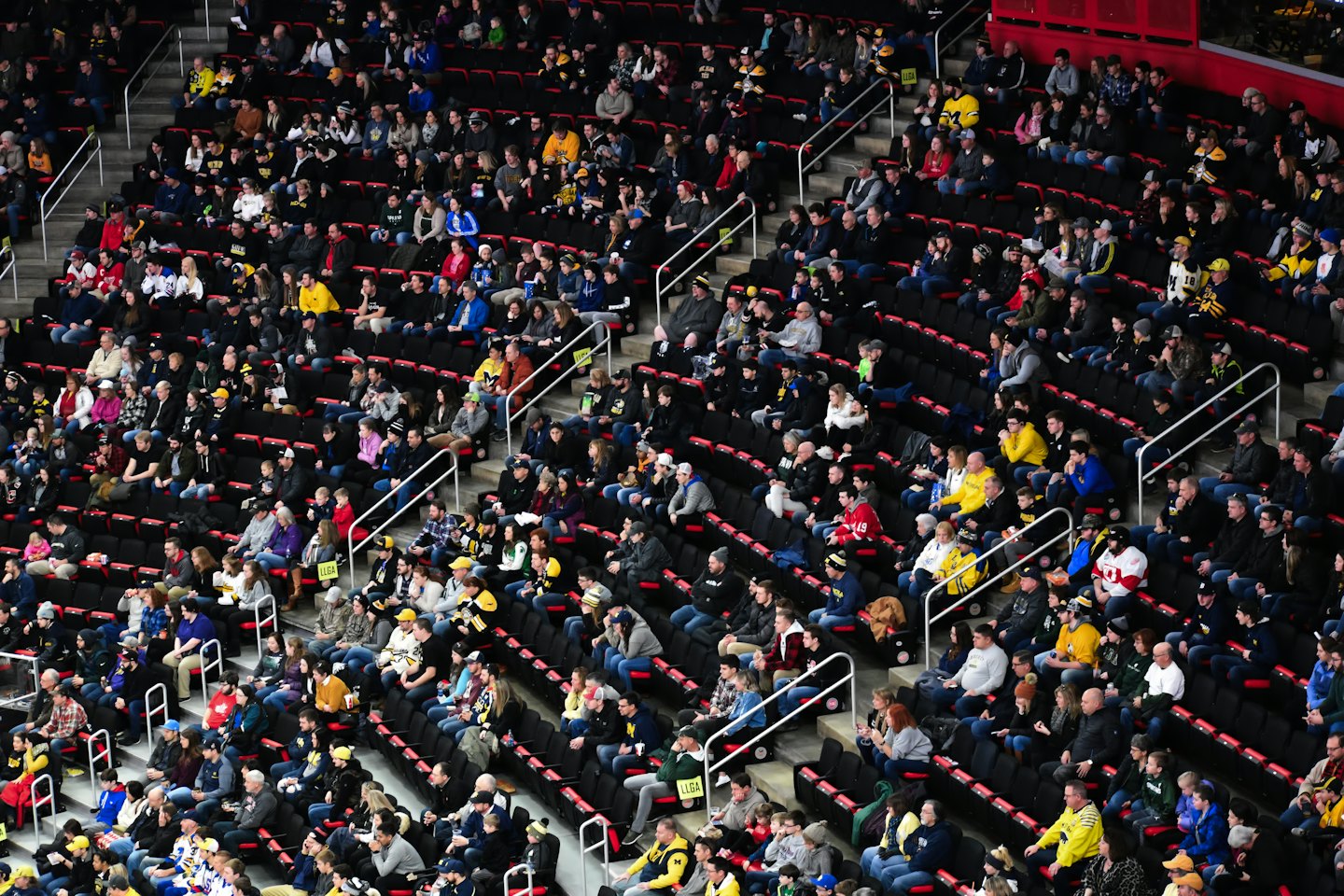 Åskådare i lagfärger ser på en tävling i en stor arena.